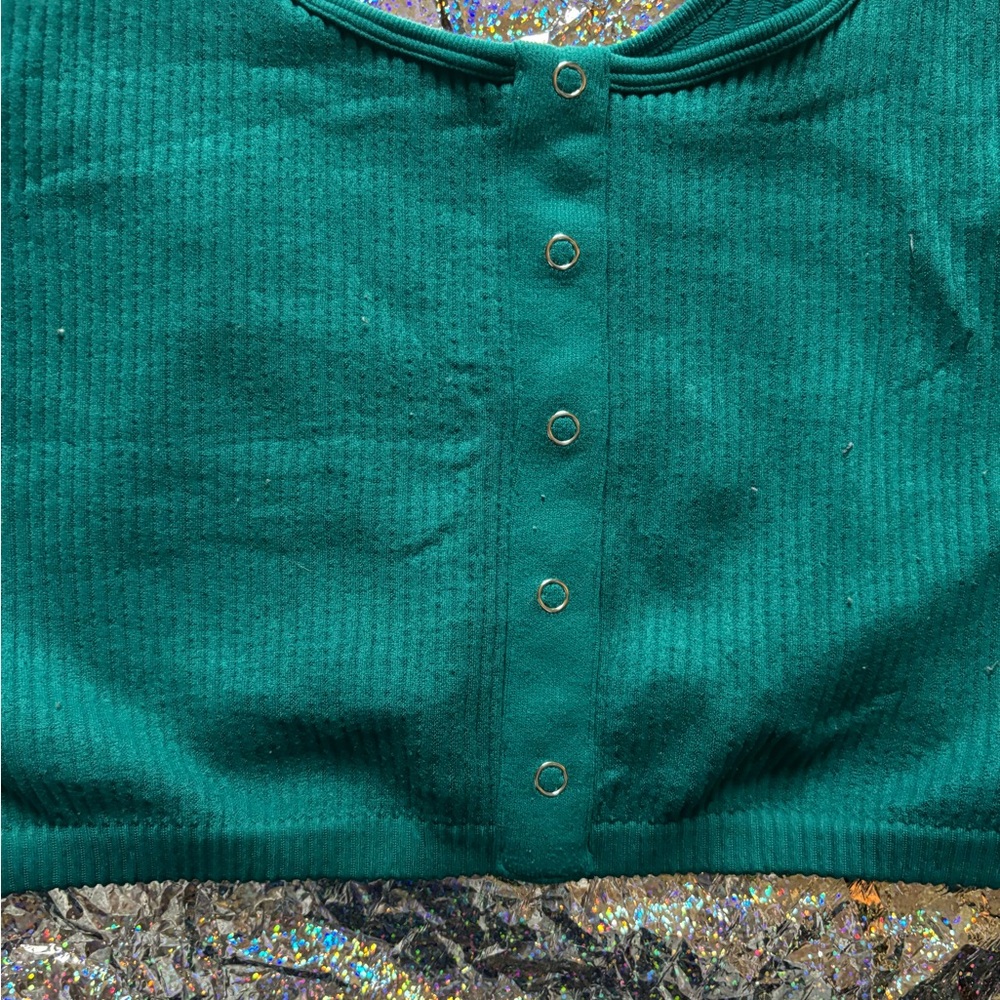 Teal Ribbed Button-Front Women's Top - Picture 2 of 3